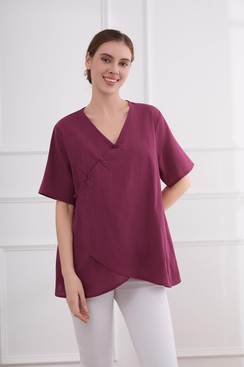 Minibee Women's Linen Retro Chinese Frog Button Tops Blouse Wine Red XL - Image 2